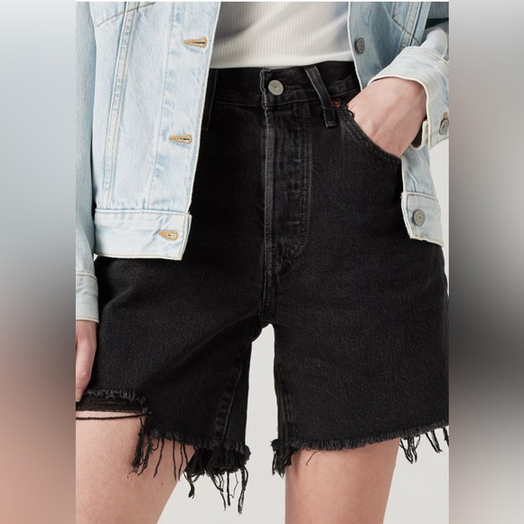 Women's Black Denim 501 Levi’s High-Rise Mid-Thigh Shorts - Picture 2 of 4